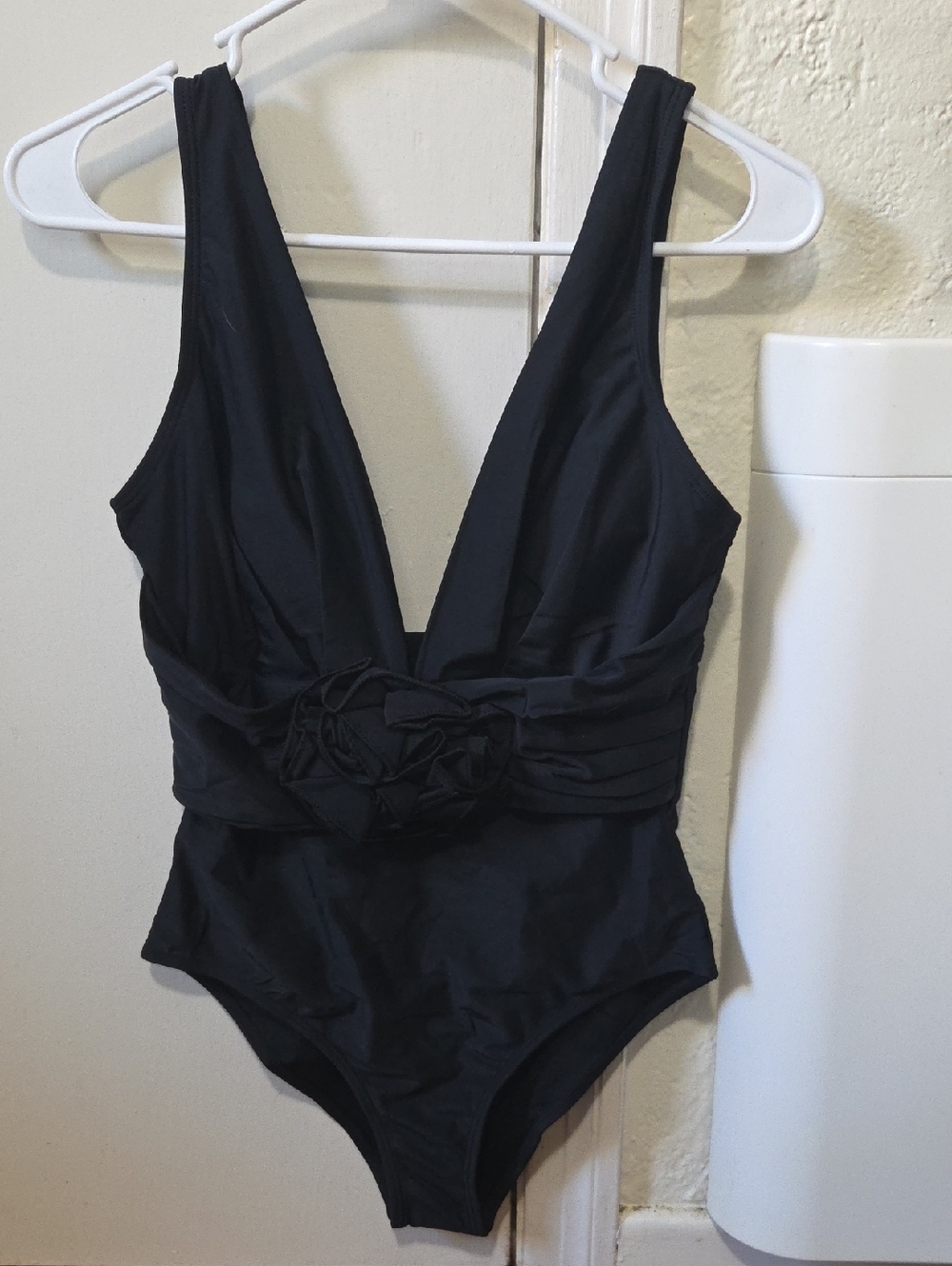 Plunge V-Neck Black One-Piece Swimsuit with Skirt Wrap